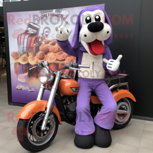 Lavender Hot Dogs mascot costume character dressed with a Biker Jacket and Anklets