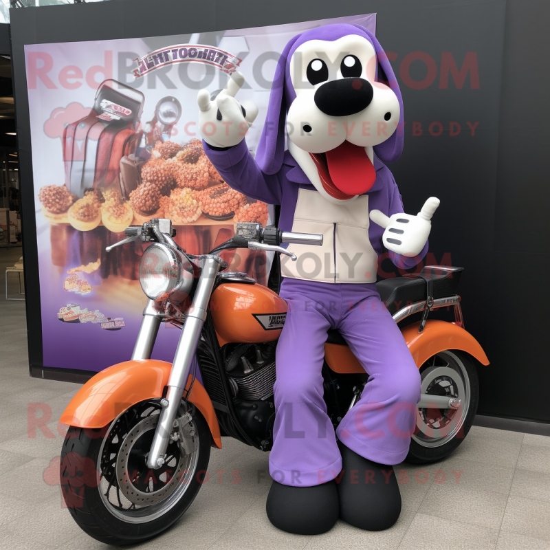 Lavender Hot Dogs mascot costume character dressed with a Biker Jacket and Anklets Lavender Hot Dogs mascot costume character dressed with a Biker Jacket and Anklets