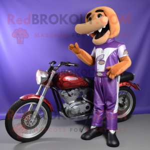 Lavender Hot Dogs mascot costume character dressed with a Biker Jacket and Anklets