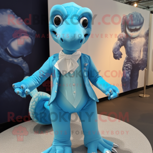 Sky Blue Hydra mascot costume character dressed with a A-Line Dress and Tie pins