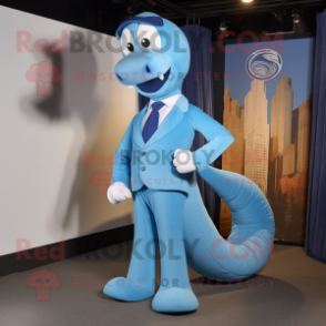 Sky Blue Hydra mascot costume character dressed with a A-Line Dress and Tie pins