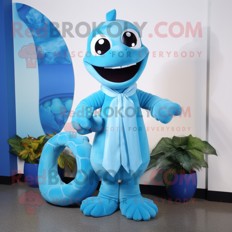Sky Blue Hydra mascot costume character dressed with a A-Line Dress and Tie pins