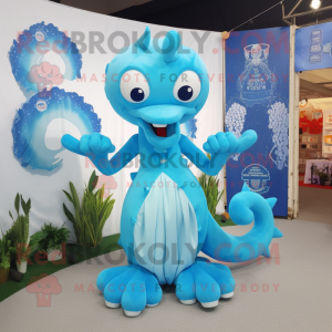 Sky Blue Hydra mascot costume character dressed with a A-Line Dress and Tie pins