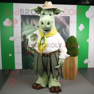 Green Beef Stroganoff mascot costume character dressed with a Oxford Shirt and Shawl pins