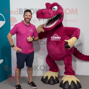 Magenta Spinosaurus mascot costume character dressed with a Polo Tee and Digital watches