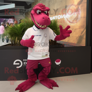 Magenta Spinosaurus mascot costume character dressed with a Polo Tee and Digital watches