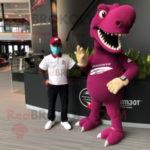 Magenta Spinosaurus mascot costume character dressed with a Polo Tee and Digital watches
