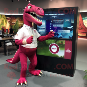 Magenta Spinosaurus mascot costume character dressed with a Polo Tee and Digital watches