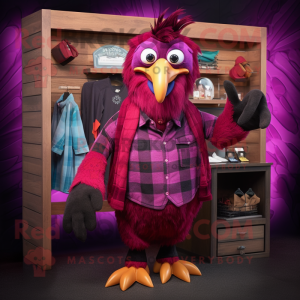 Magenta Crow mascot costume character dressed with a Flannel Shirt and Wallets