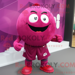 Maskotfigur af en magenta...