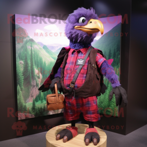 Magenta Crow mascot costume character dressed with a Flannel Shirt and Wallets