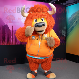 Orange Buffalo mascot costume character dressed with a Hoodie and Bracelets