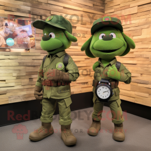 Green Green Beret mascot costume character dressed with a Polo Tee and Smartwatches