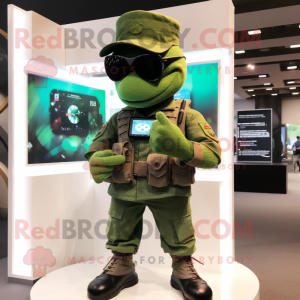 Green Green Beret mascot costume character dressed with a Polo Tee and Smartwatches
