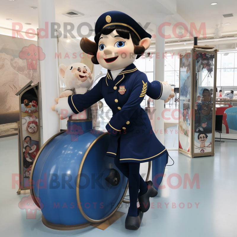 Navy Trapeze Artist mascot costume character dressed with a Culottes and Smartwatches