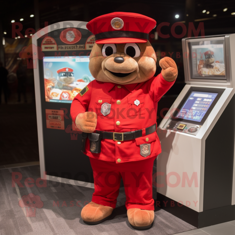 Red Police Officer mascot costume character dressed with a Flannel Shirt and Coin purses