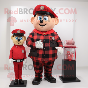 Red Police Officer mascot costume character dressed with a Flannel Shirt and Coin purses