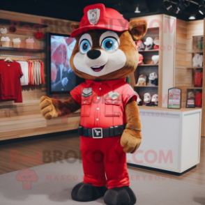 Red Police Officer mascot costume character dressed with a Flannel Shirt and Coin purses