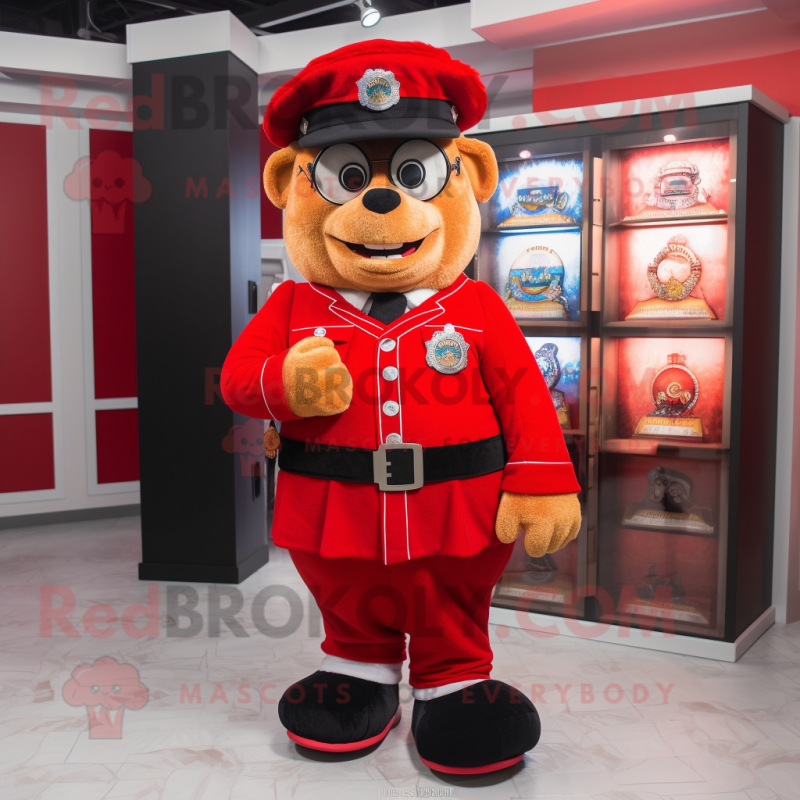 Red Police Officer mascot costume character dressed with a Flannel Shirt and Coin purses