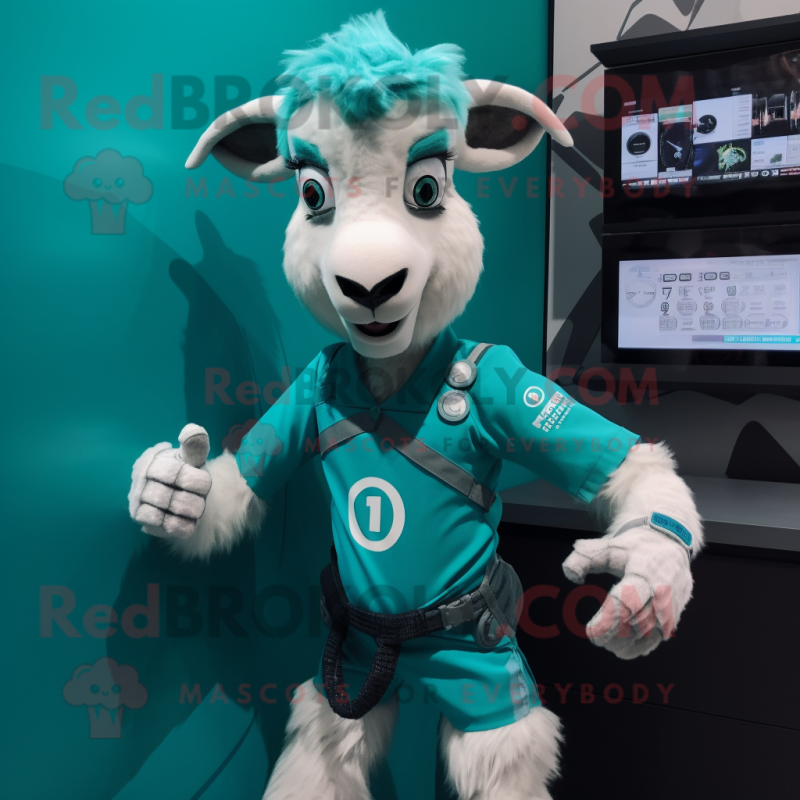 Teal Goat mascot costume character dressed with a Romper and Smartwatches