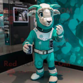 Teal Goat mascot costume character dressed with a Romper and Smartwatches