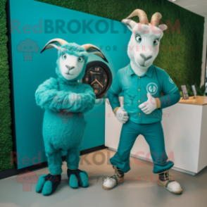 Teal Goat mascot costume character dressed with a Romper and Smartwatches