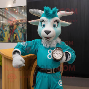 Teal Goat mascot costume character dressed with a Romper and Smartwatches