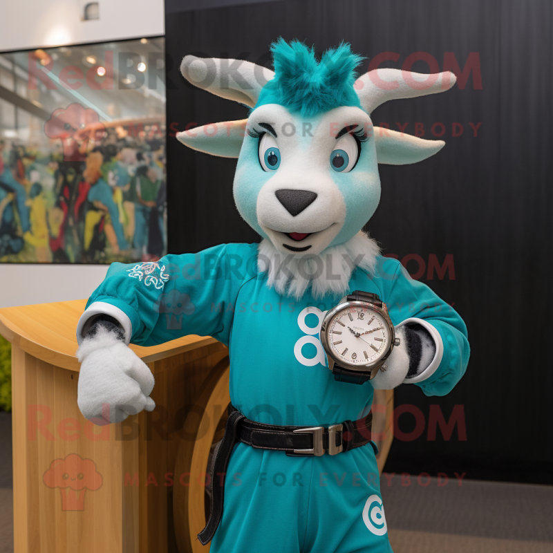 Teal Goat mascot costume character dressed with a Romper and Smartwatches