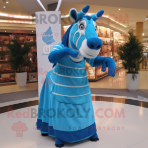 Blue Quagga mascot costume character dressed with a A-Line Dress and Cummerbunds