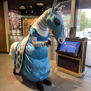 Blue Quagga mascot costume character dressed with a A-Line Dress and Cummerbunds