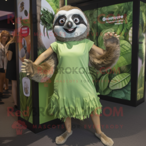 Olive Sloth mascot costume character dressed with a Shift Dress and Anklets