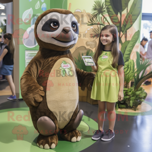 Olive Sloth mascot costume character dressed with a Shift Dress and Anklets