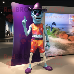 Purple Acrobat mascot costume character dressed with a Board Shorts and Watches