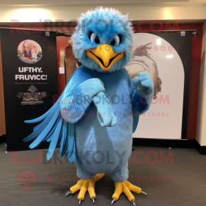 Sky Blue Hawk mascot costume character dressed with a Joggers and Shawl pins