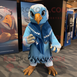 Sky Blue Hawk mascot costume character dressed with a Joggers and Shawl pins