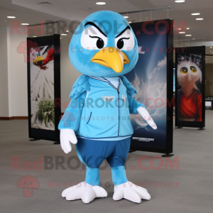 Sky Blue Hawk mascot costume character dressed with a Joggers and Shawl pins