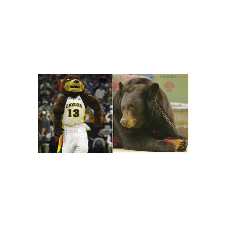 Mascota del oso marrón y beige en ropa deportiva -