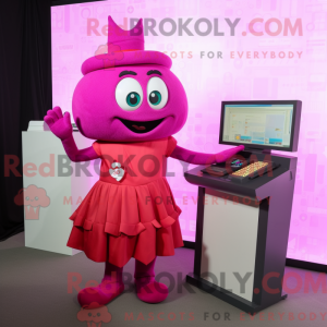 Maskotfigur af en magenta...