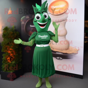 Forest Green Tikka Masala mascot costume character dressed with a Empire Waist Dress and Digital watches