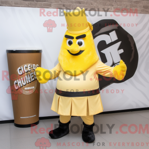 Maskot-karakter av en gul...
