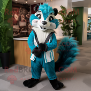 Teal Skunk mascot costume character dressed with a Waistcoat and Clutch bags