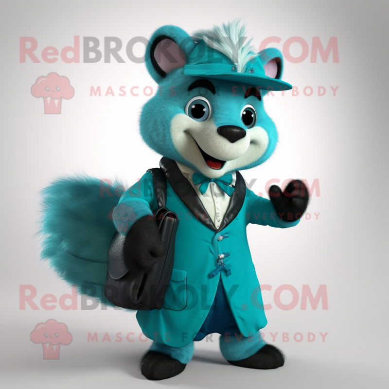 Teal Skunk mascot costume character dressed with a Waistcoat and Clutch bags Teal Skunk mascot costume character dressed with a Waistcoat and Clutch bags