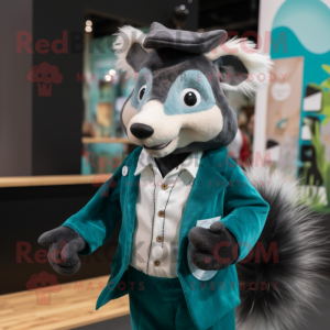 Teal Skunk mascot costume character dressed with a Waistcoat and Clutch bags