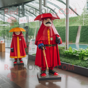 Red Swiss Guard mascot costume character dressed with a Raincoat and Messenger bags