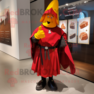 Red Swiss Guard mascot costume character dressed with a Raincoat and Messenger bags