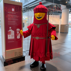 Red Swiss Guard mascot costume character dressed with a Raincoat and Messenger bags