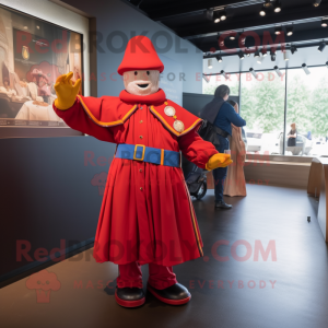 Red Swiss Guard mascot costume character dressed with a Raincoat and Messenger bags