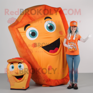 Orange Pizza Slice mascot costume character dressed with a Mom Jeans and Briefcases
