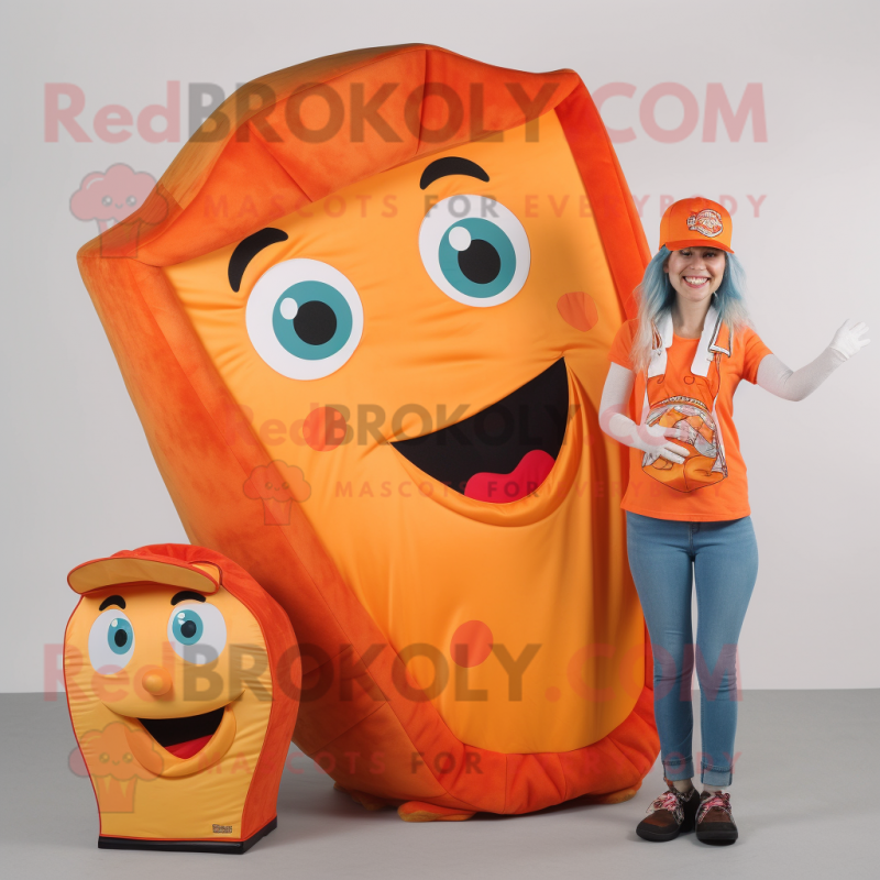 Orange Pizza Slice mascot costume character dressed with a Mom Jeans and Briefcases Orange Pizza Slice mascot costume character dressed with a Mom Jeans and Briefcases