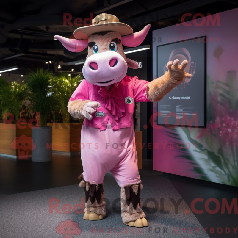 Mascote de um Zebu Rosa com macacão e bonés - Mascotes Zebu - REBROKO_404352 - RedBrokoly.com